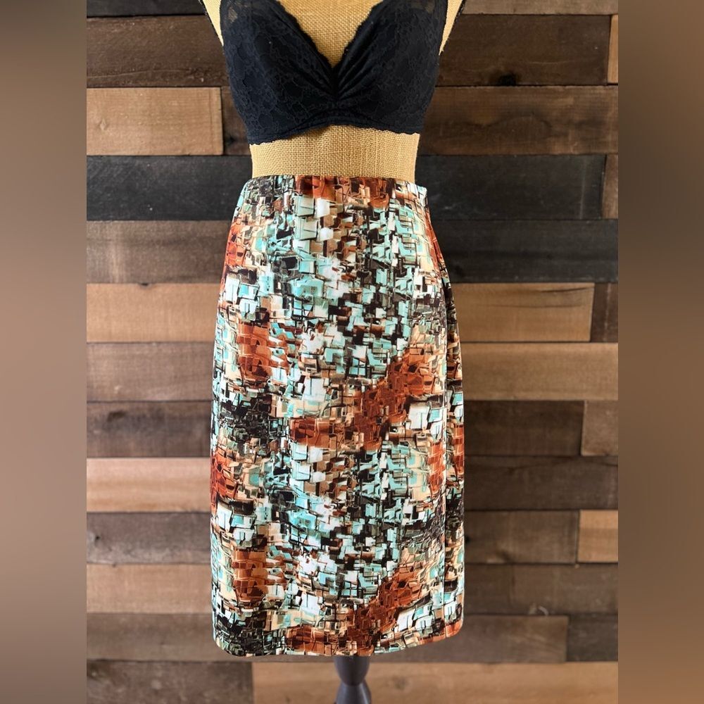 Betsey Johnson Set Shirt & Skirt Medium Brown Green Geometric Bell Sleeve Top - Picture 4 of 13